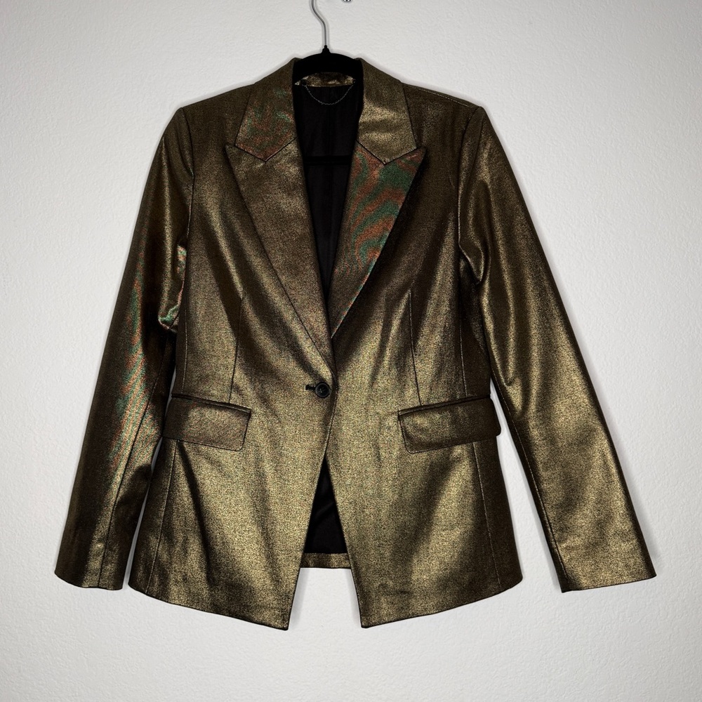 AllSaints Blazer Metallic Gold Single Button Faux Pocket Lined Jacket Size 4